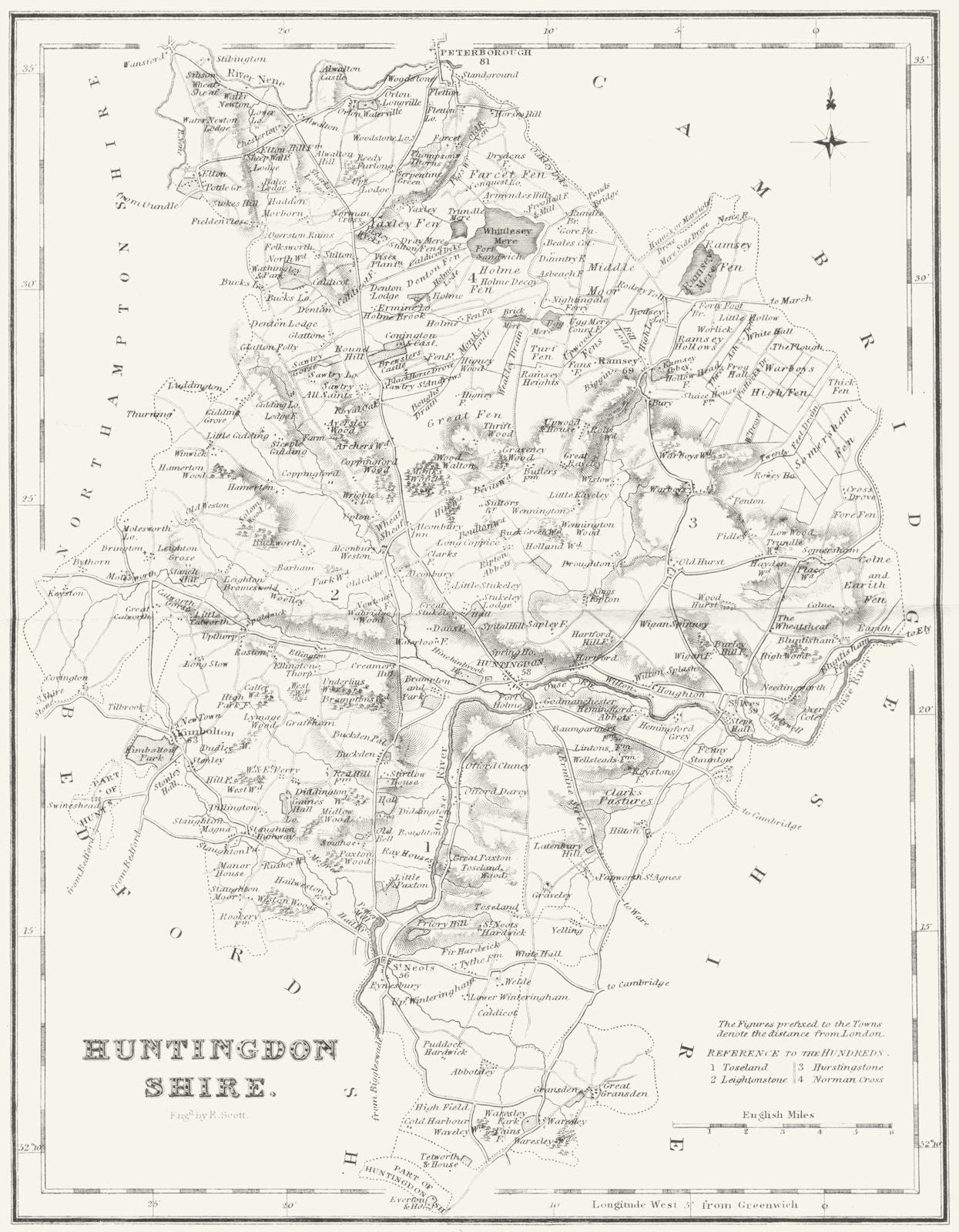 HUNTS. Huntingdonshire. Fullarton 1844 old antique vintage map plan chart